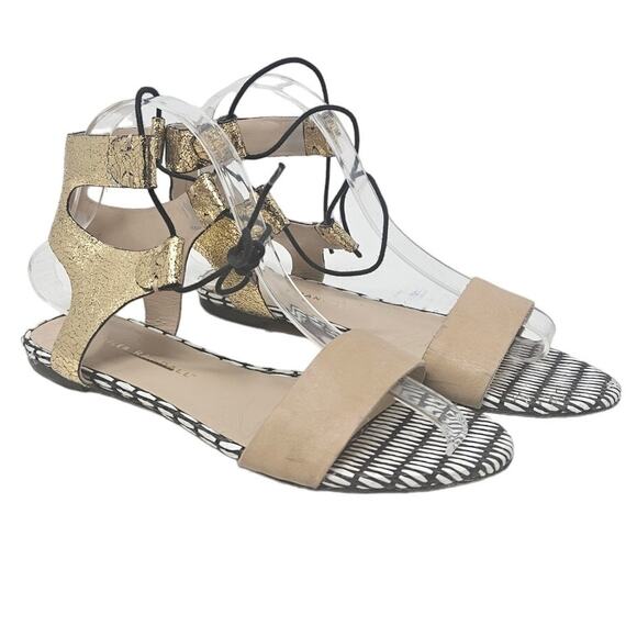 Loeffler Randall 6.5 Alexa Mixed-Media Flat Sandal Lace Up Gold Nude Classic - Picture 1 of 6